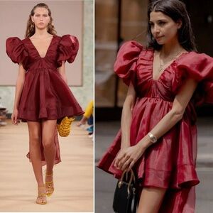 NWT Aje Gretta Tie Organza Burgundy Mini Dress Size Medium Open Back V neck